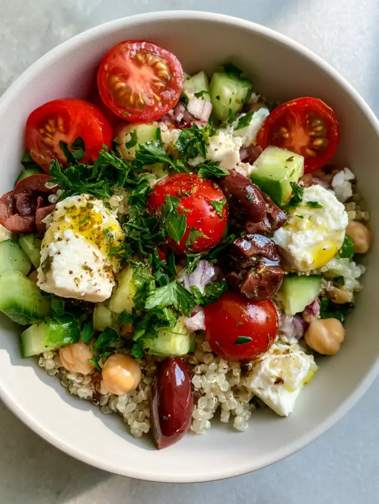 Healthy Quinoa Salad with Lemon-Herb Vinaigrette 1 A close up of Mediterranean healthy quinoa salad showing creamy feta cheese and glossy kalamata olives.