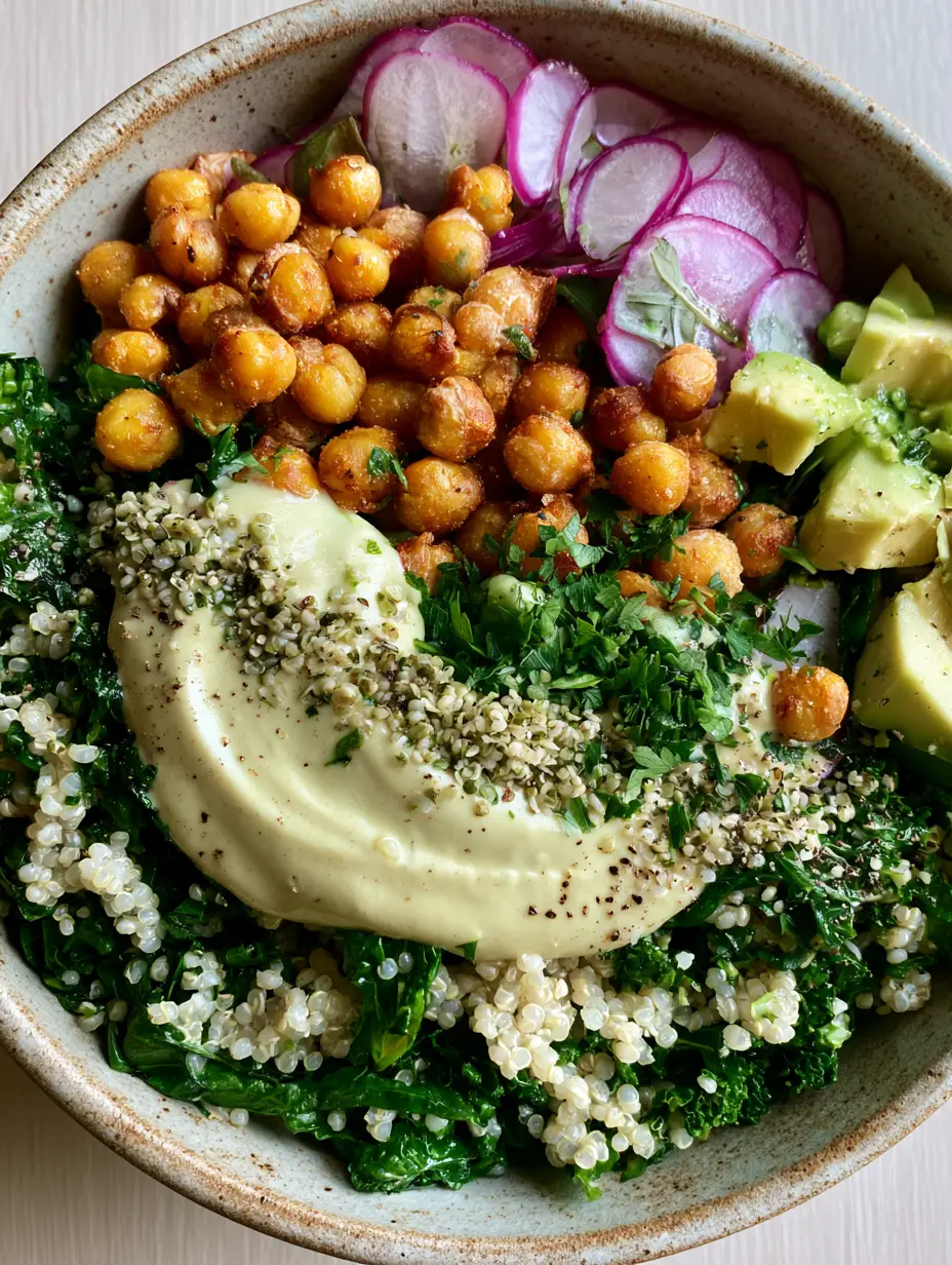 Top-down macro shot of Quinoa and Kale Protein Power Salad showing fluffy white quinoa and massaged emerald kale.