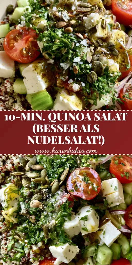 Vertical shot of a vibrant Quinoa Salat with tri-color quinoa, feta cubes, and cherry tomatoes in a cream bowl.