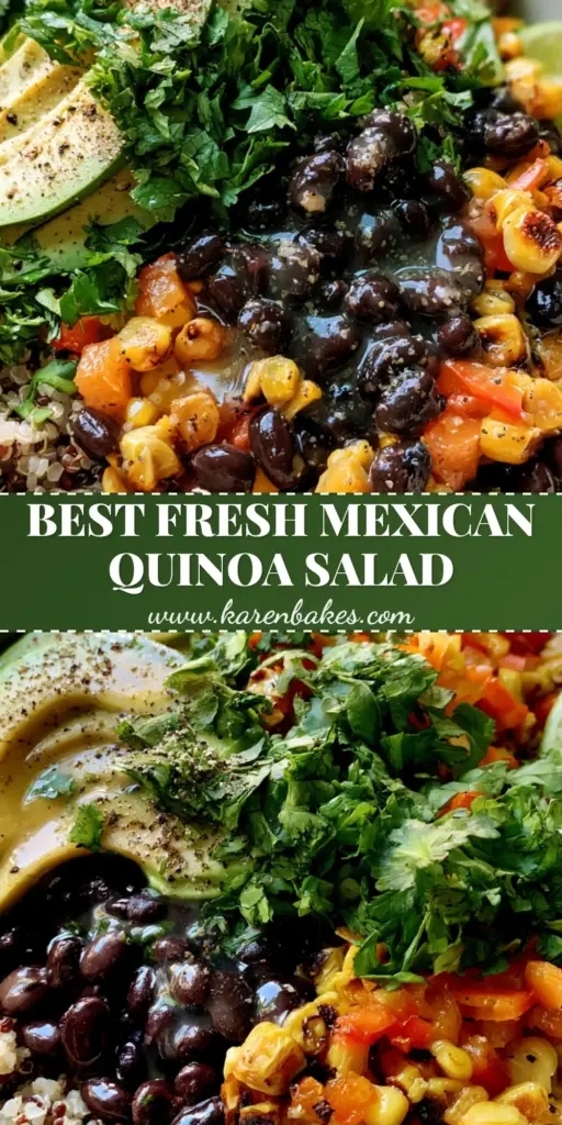 Black Bean and Corn Quinoa Salad with Charred Corn and Avocado 4 A vibrant Black Bean and Corn Quinoa Salad in a white bowl with charred corn, tri-color quinoa, and sliced avocado.