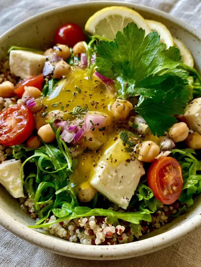 Macro photo showing chunks of creamy white feta, chickpeas, and paper-thin lemon slices on top of a Chickpea arugula quinoa salad.