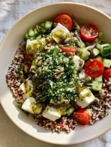 Top-down view of Quinoa Salat featuring fluffy grains, diced cucumbers, and a glossy herb vinaigrette. (Quinoa Salat)