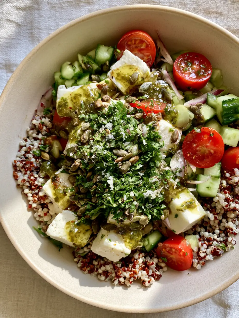 Top-down view of Quinoa Salat featuring fluffy grains, diced cucumbers, and a glossy herb vinaigrette. (Quinoa Salat)