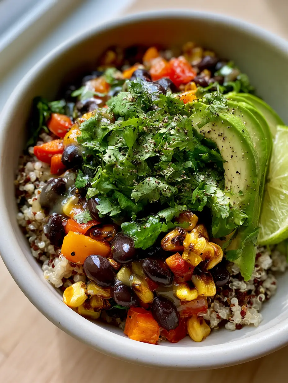 Black Bean and Corn Quinoa Salad with Charred Corn and Avocado 3 Close-up of Black Bean and Corn Quinoa Salad showing tri-color grains and fire-roasted corn kernels.