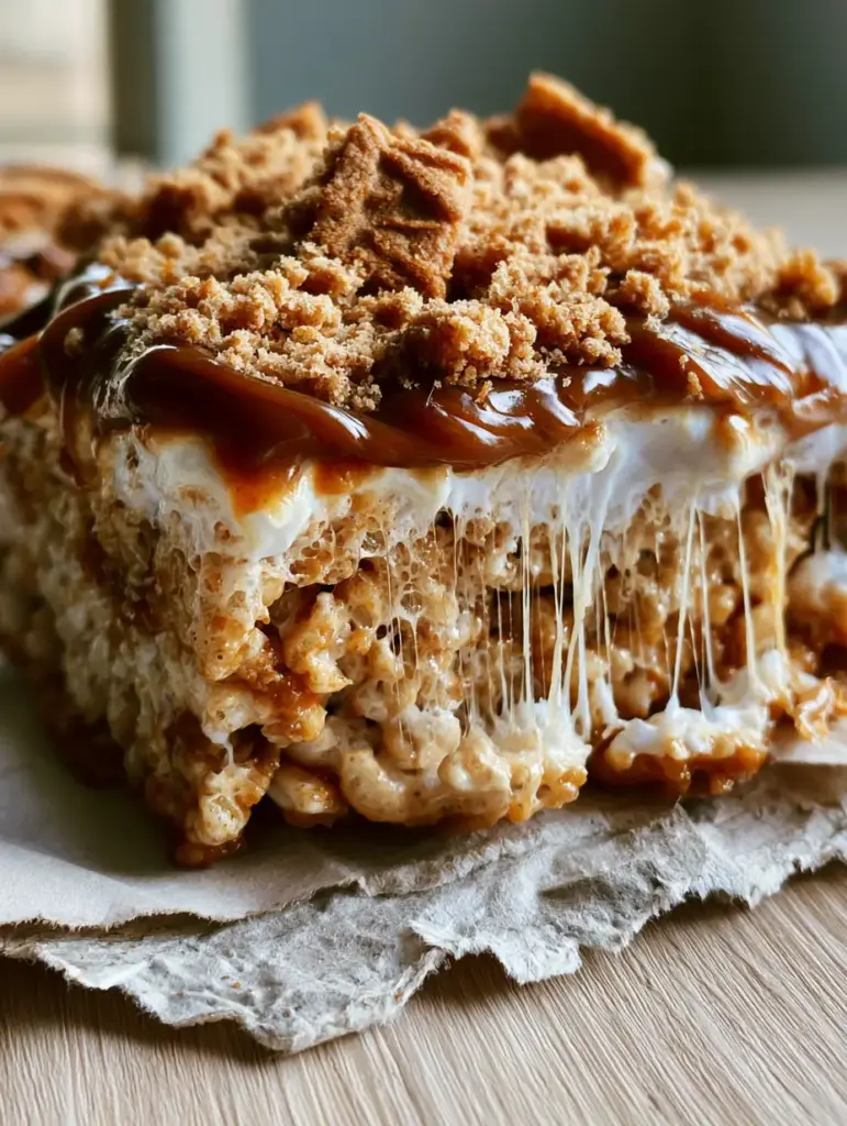 Biscoff Rice Krispie Treats with Gooey Cookie Butter Swirls 1 Close-up of the dark amber Biscoff swirl and sandy cookie crumbs on top of the treats. (biscoff rice krispie treats)