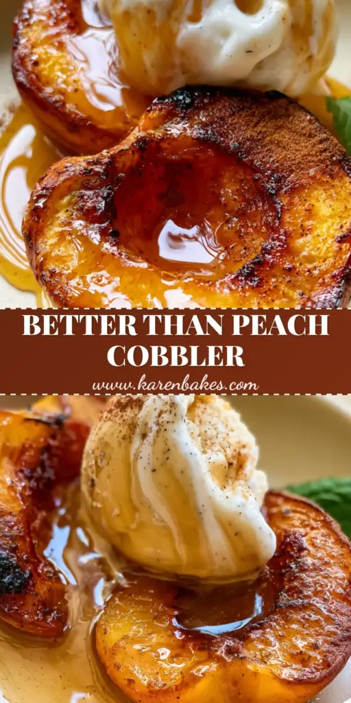 Two halved Honey Roasted Peaches with charred edges, golden glaze, and melting vanilla ice cream in a cream bowl.