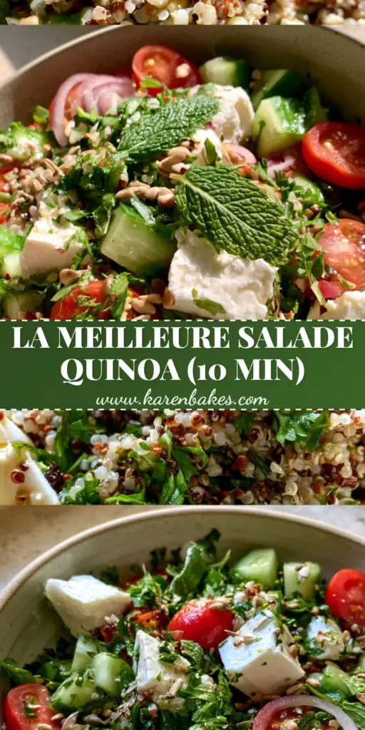 Salade Quinoa: The Ultimate Mediterranean Tri-Color Quinoa Salad 4 A vertical split-image showing a macro close-up of tri-color salade quinoa pearls and a full bowl with feta and tomatoes.