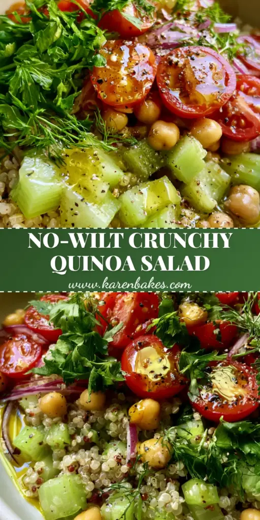 Quinoa and Celery Salad with Shimmering Lemon Vinaigrette 4 A close-up vertical shot of a vibrant Quinoa and Celery Salad with ruby tomatoes and golden chickpeas in a white bowl.