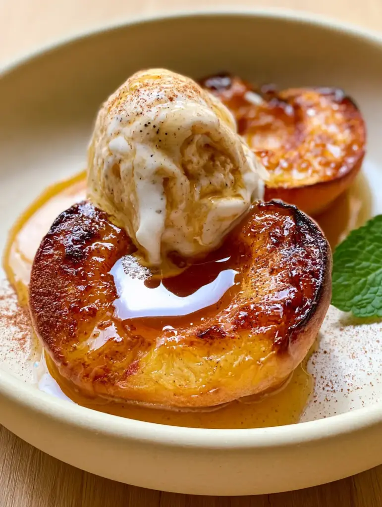 A close-up of Honey Roasted Peaches showing the viscous amber honey glaze and cinnamon dusting.