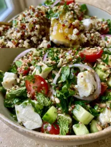 Macro shot of glistening tri-color quinoa pearls with golden vinaigrette for salade quinoa.