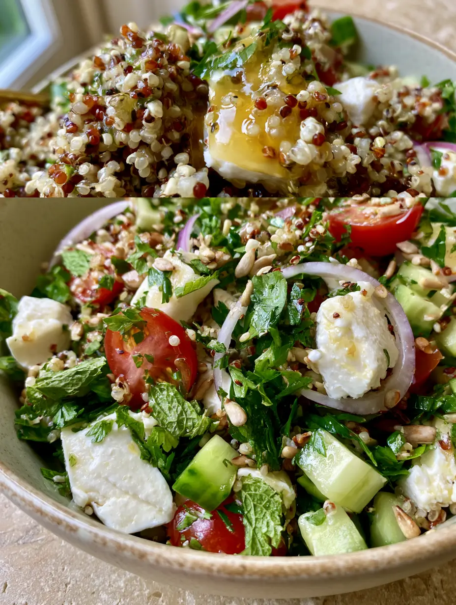 Salade Quinoa: The Ultimate Mediterranean Tri-Color Quinoa Salad 3 Macro shot of glistening tri-color quinoa pearls with golden vinaigrette for salade quinoa.