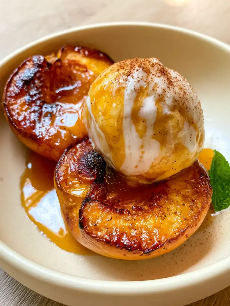 Honey Roasted Peaches with ivory streaks of melting vanilla bean ice cream and a fresh mint garnish.