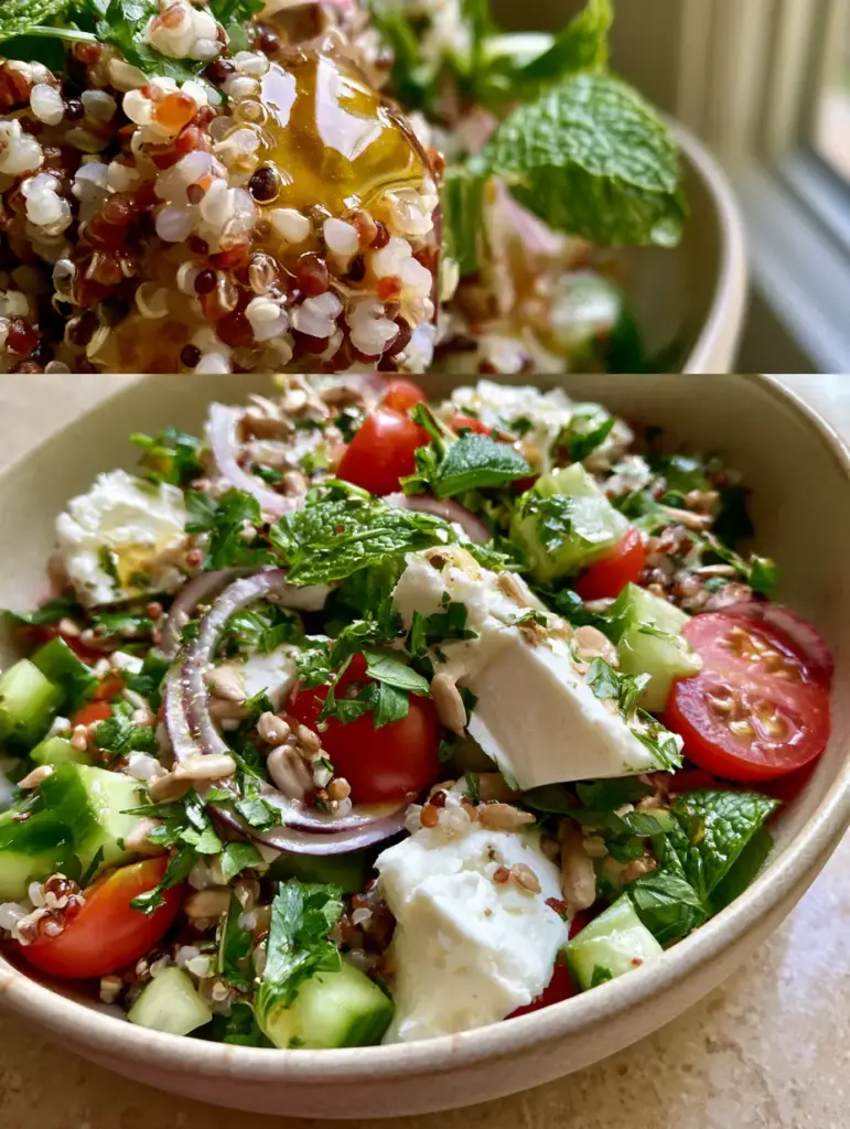 Salade Quinoa: The Ultimate Mediterranean Tri-Color Quinoa Salad 1 Full view of Mediterranean salade quinoa in a matte ceramic bowl with feta and mint.