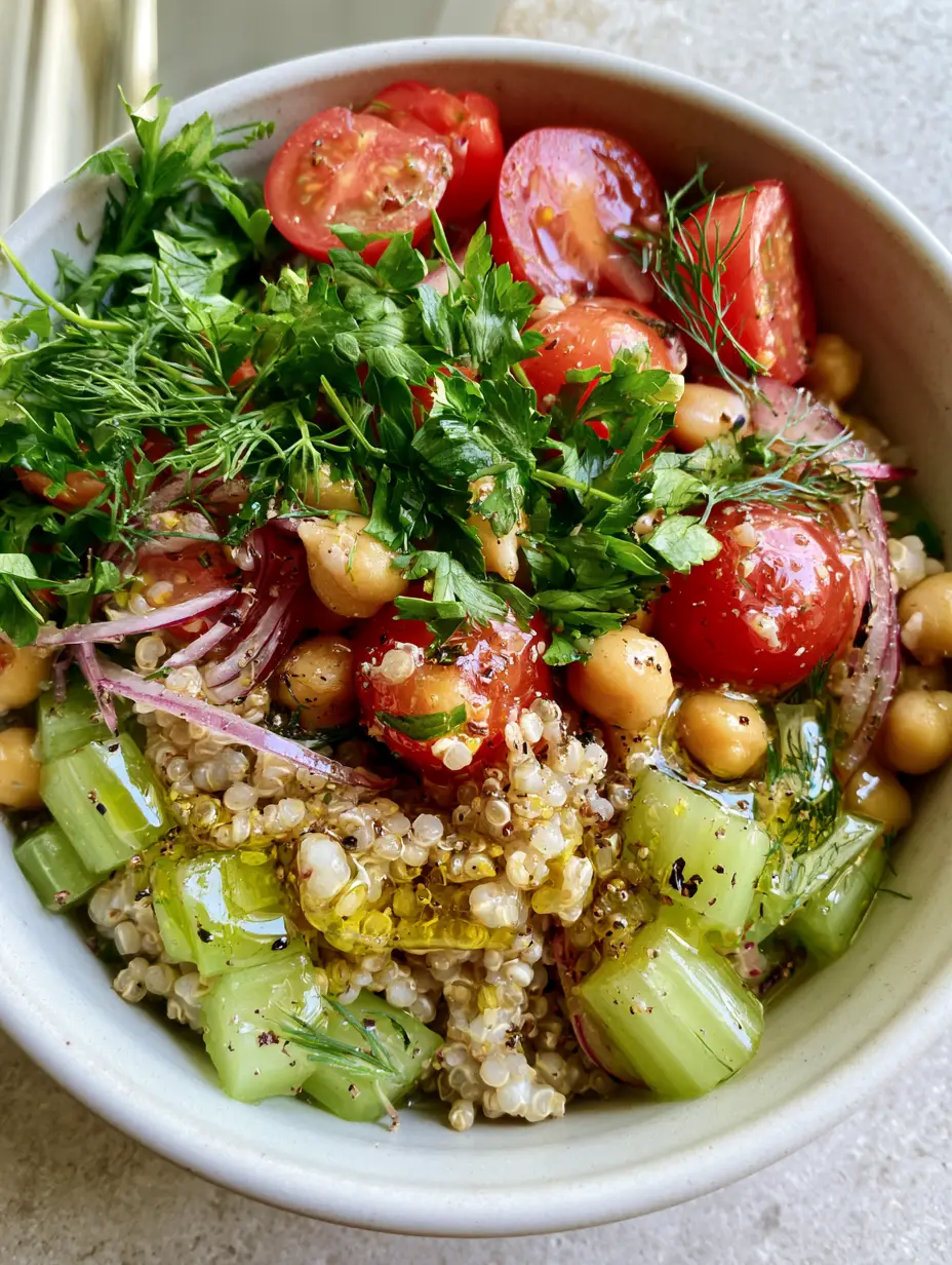 Quinoa and Celery Salad with Shimmering Lemon Vinaigrette 3 Overhead smartphone photo of Quinoa and Celery Salad featuring high-definition emerald celery and shimmering vinaigrette.