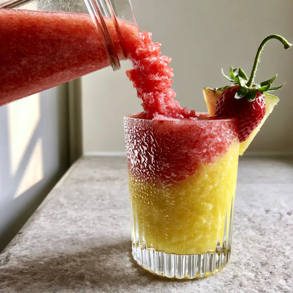 Pineapple Strawberry Slushies: The Ultimate Dual-Layered Frosty Refresher 2 Dynamic pour of red strawberry slushie into a glass already filled with yellow pineapple slushie showing micro-ice crystals. (pineapple strawberry slushies)