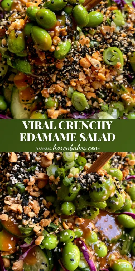 A close-up shot of Edamame and Cucumber Salad featuring sliced Persian cucumbers, bright green edamame, and crushed honey-roasted peanuts with a glossy ginger dressing.
