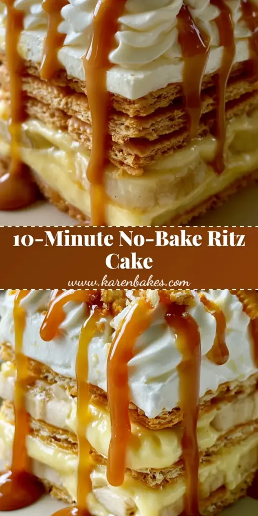 A tall, square slice of Salted Caramel Banana Ritz Icebox Cake showing distinct layers of buttery crackers, yellow banana cream, and fresh bananas, topped with whipped cream and dripping caramel.