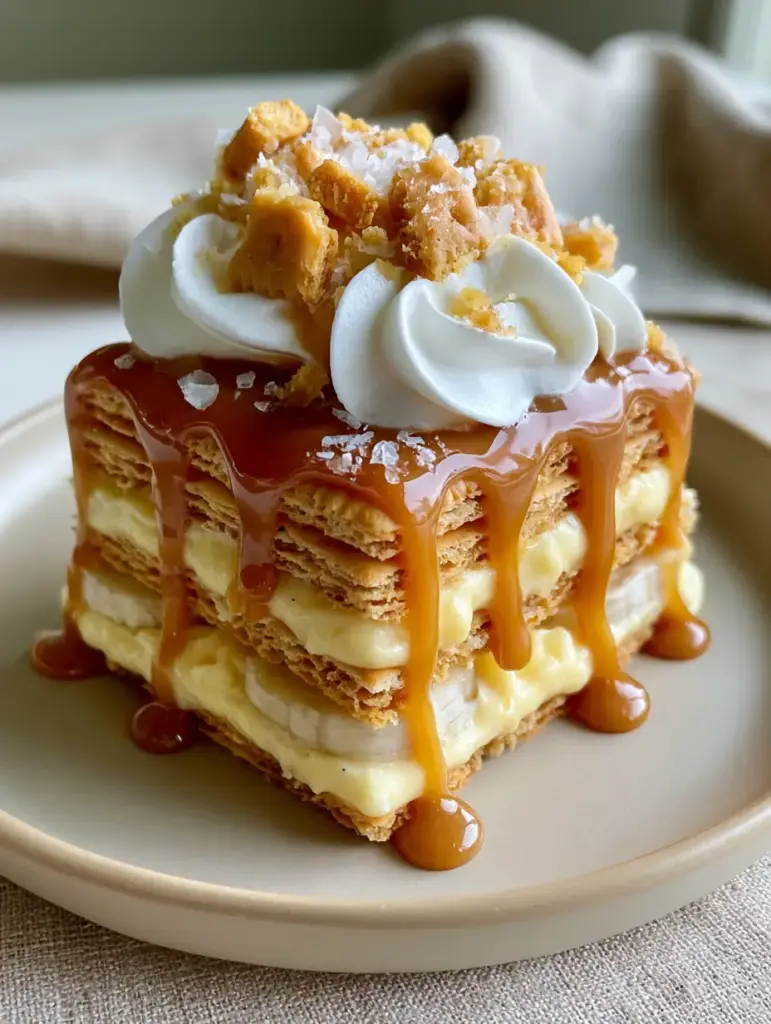Close-up handheld shot of a Salted Caramel Banana Ritz Icebox Cake slice on a ceramic plate, highlighting the thick amber caramel drizzle.