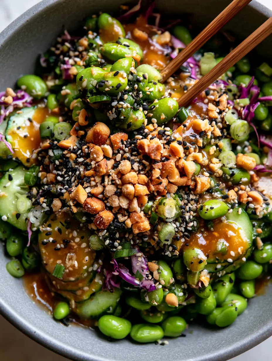 Top-down view of vibrant Edamame and Cucumber Salad in a grey stone bowl showing the glossy amber dressing and purple cabbage accents.