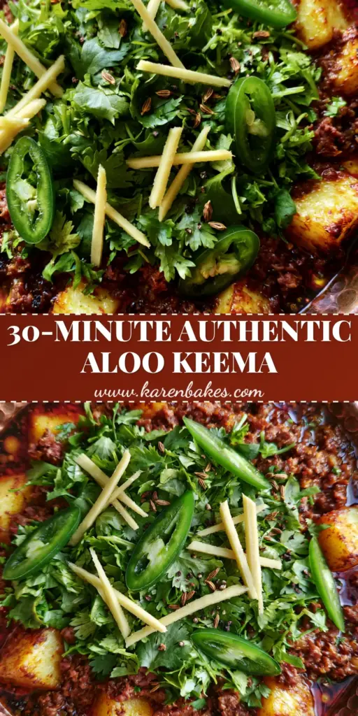 A top-down shot of authentic Aloo Keema in a copper kadai with browned beef, golden potatoes, and fresh ginger matchsticks.