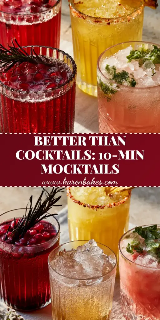 A vertical collage of three vibrant summer mocktail recipes in ribbed glassware including a hibiscus spritz, pineapple ginger fizz, and watermelon cooler on a stone patio. (summer mocktail recipes)