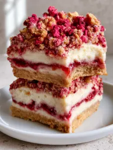 Close-up macro shot of Strawberry Shortcake Bars showing the velvety white cream cheese layer and textured strawberry crumble. (Strawberry Shortcake Bars)