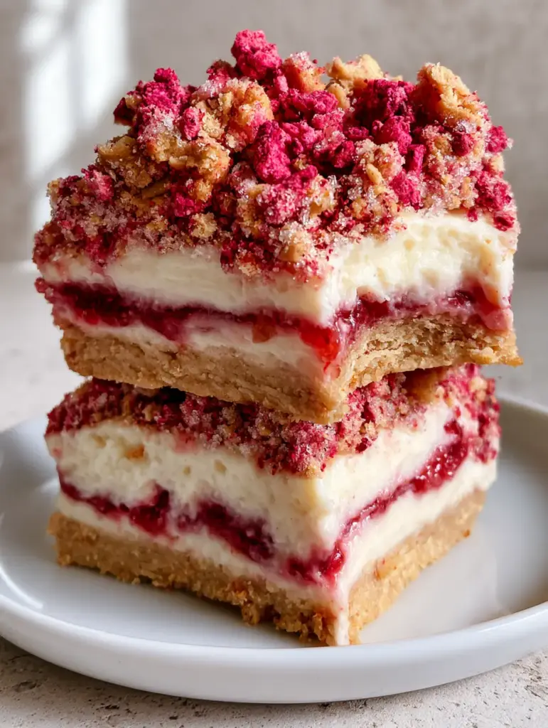 Close-up macro shot of Strawberry Shortcake Bars showing the velvety white cream cheese layer and textured strawberry crumble. (Strawberry Shortcake Bars)