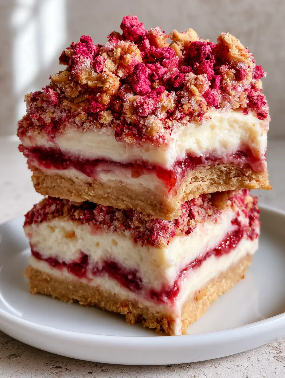 Close-up macro shot of Strawberry Shortcake Bars showing the velvety white cream cheese layer and textured strawberry crumble. (Strawberry Shortcake Bars)