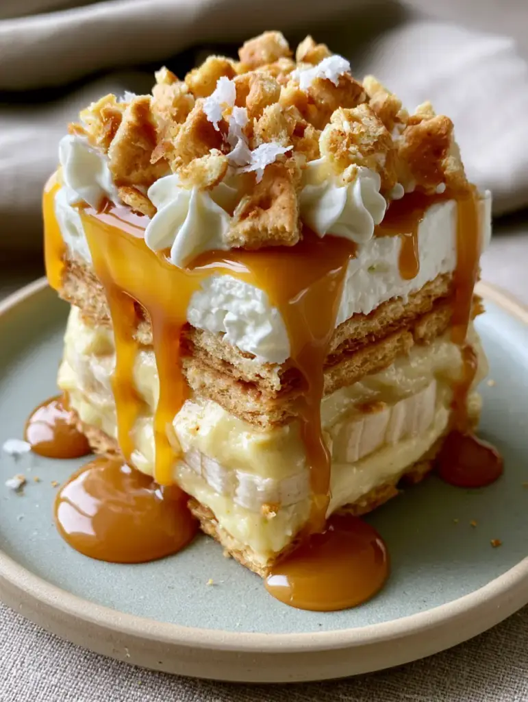 Overhead view of a slice of Salted Caramel Banana Ritz Icebox Cake featuring crushed Ritz crackers and flaky sea salt garnish.