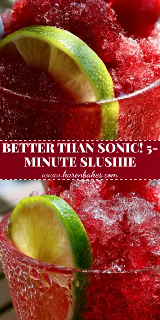 A close-up of Cherry Limeade Slushies in crystal glasses with lime wheels and maraschino cherries on a sunlit wooden table.