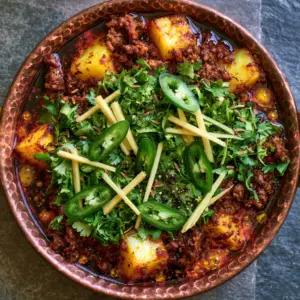 Close-up of Aloo Keema showing seared ground beef crumbles and spiced oil droplets.