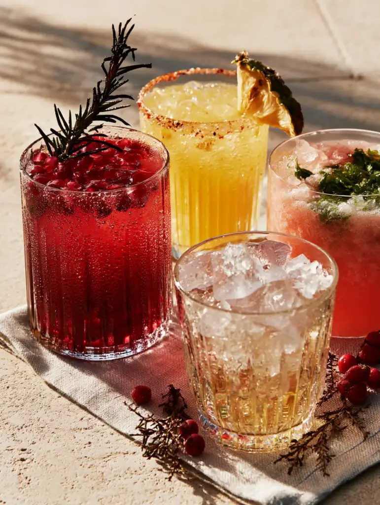 Elegant ribbed glassware filled with ruby hibiscus tea, pomegranate seeds, and a charred rosemary sprig in golden hour light. (summer mocktail recipes)