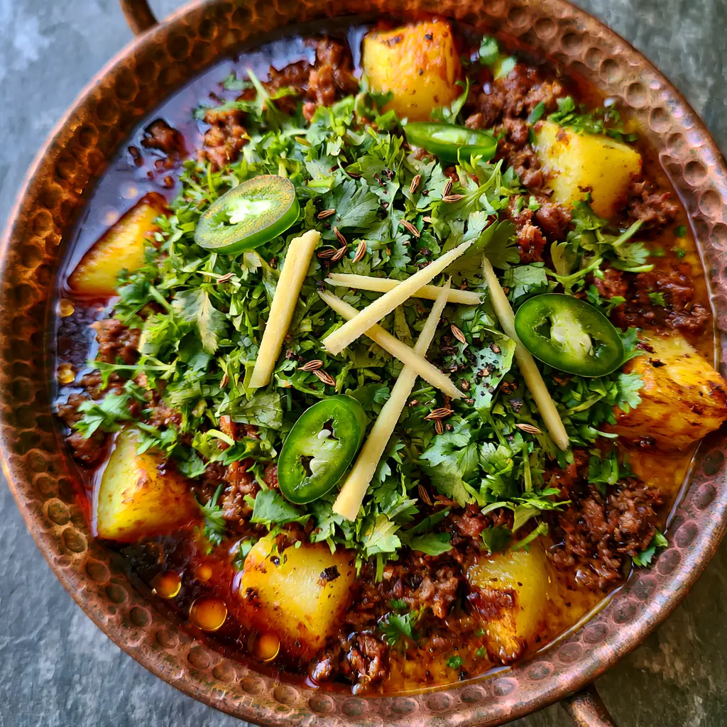 Aloo Keema garnished with fresh cilantro, sliced green serrano chilies, and julienned ginger.