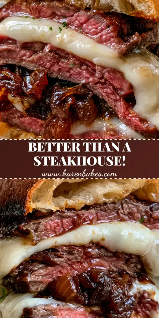 Steak Sandwich Recipe with Balsamic Caramelized Onions 4 A close up handheld smartphone photo of a gourmet steak sandwich recipe on toasted ciabatta with oozing provolone and jammy onions.