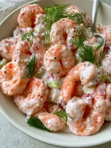 Macro shot of plump pink shrimp coated in creamy dressing with fresh dill and red onion. (Shrimp Salad recipe)