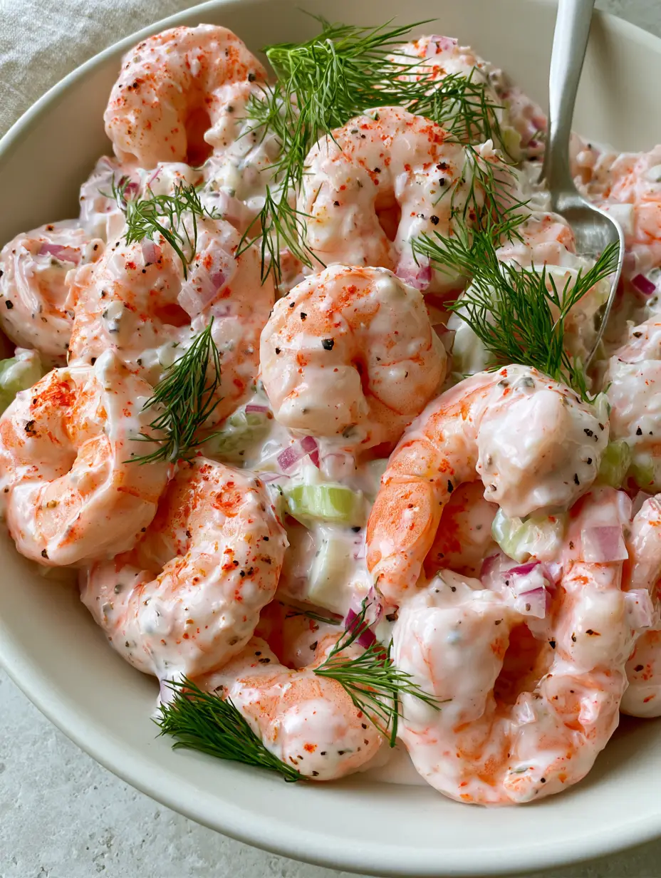 Shrimp Salad recipe: The Ultimate Creamy, Zesty Classic 3 Macro shot of plump pink shrimp coated in creamy dressing with fresh dill and red onion. (Shrimp Salad recipe)