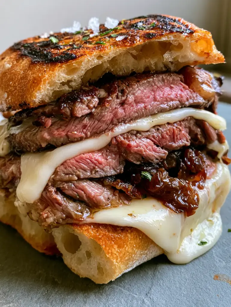 Steak Sandwich Recipe with Balsamic Caramelized Onions 2 Gourmet steak sandwich recipe showing a massive stack of thin-sliced medium-rare ribeye and liquid garlic butter.