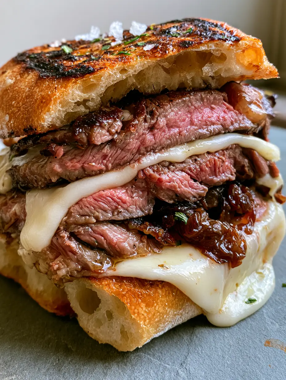 Steak Sandwich Recipe with Balsamic Caramelized Onions 3 Gourmet steak sandwich recipe showing a massive stack of thin-sliced medium-rare ribeye and liquid garlic butter.