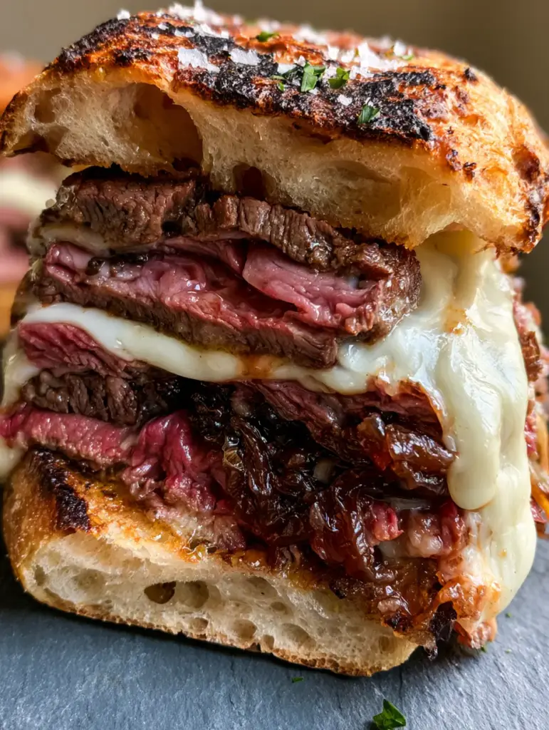 Steak Sandwich Recipe with Balsamic Caramelized Onions 1 Toasted ciabatta roll with air pockets soaked in garlic butter and melted provolone cheese for a steak sandwich recipe.
