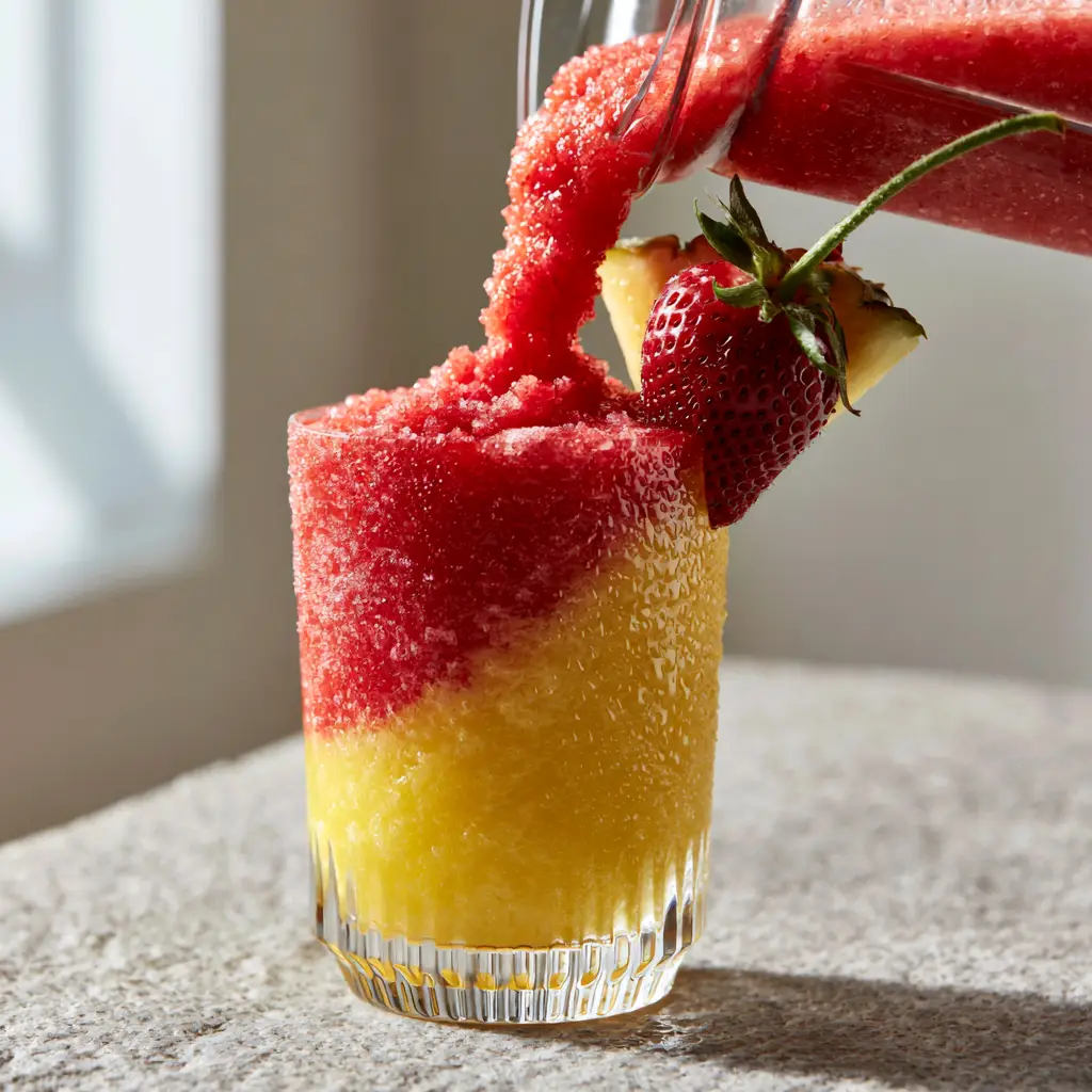 Pineapple Strawberry Slushies: The Ultimate Dual-Layered Frosty Refresher 1 Close up of frosty pineapple strawberry slushies in a ribbed glass with condensation droplets and fresh fruit garnish.