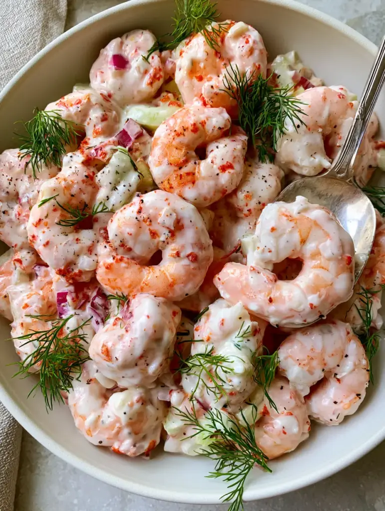 Shrimp Salad recipe: The Ultimate Creamy, Zesty Classic 1 Top-down view of shrimp salad in a white bowl with a silver spoon lifting one shrimp.
