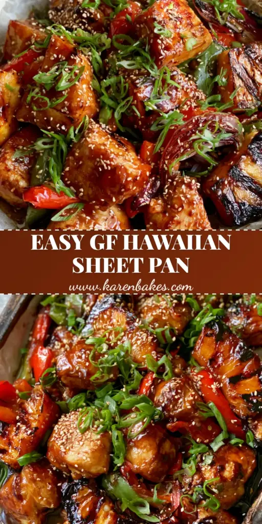 A rustic metal sheet pan filled with Gluten-free Hawaiian Chicken chunks, charred pineapple wedges, and vibrant bell peppers on wrinkled white parchment paper.
