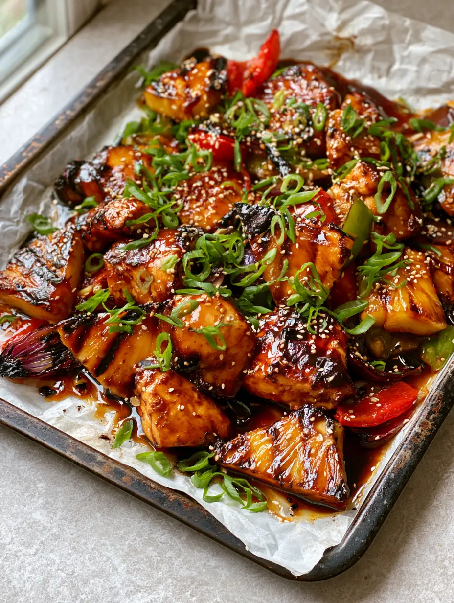 Close up shot of succulent Gluten-free Hawaiian Chicken breast chunks drenched in a dark amber glossy teriyaki glaze with toasted sesame seeds.