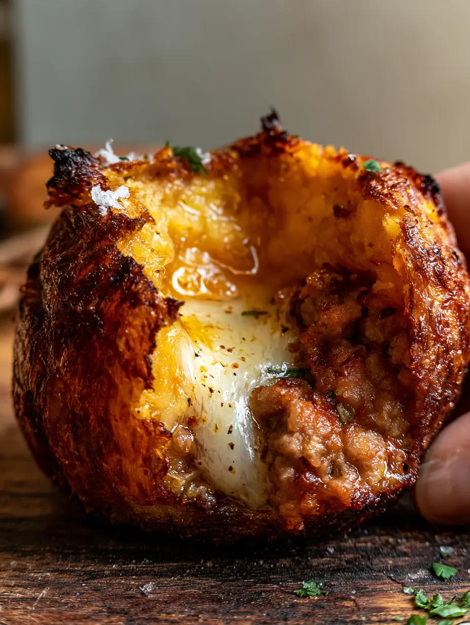 Plantain Balls Recipe: Crispy Rellenos de Plátano with Beef and Cheese 4 Close up handheld shot of a plantain ball being broken open to reveal melted queso blanco and beef picadillo. (plantain balls recipe)