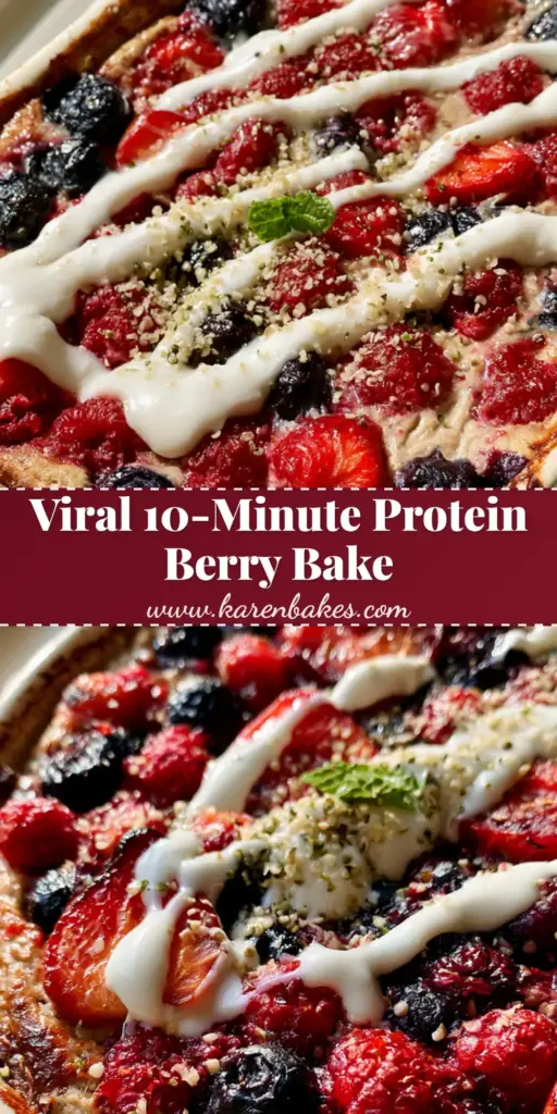 An overhead shot of a High Protein Triple Berry Bake with jammy raspberries and a Greek yogurt drizzle. (triple berry bake)
