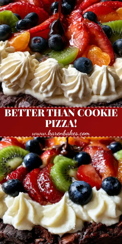 Brownie Fruit Pizza: The Ultimate Triple Chocolate Summer Dessert 4 A colorful brownie fruit pizza with cream cheese rosettes, strawberries, kiwi, and a dark chocolate drizzle on a wooden table. (brownie fruit pizza)