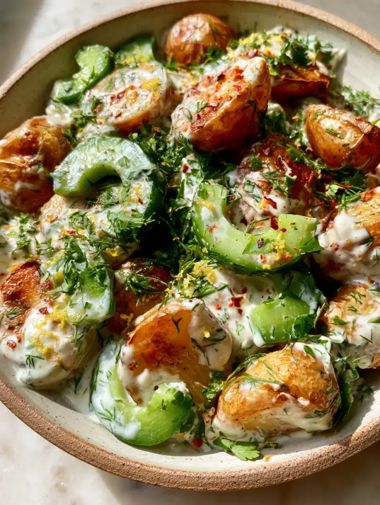 Healthy Potato Salad with Roasted Gold Potatoes & Greek Yogurt 2 Top-down view of roasted baby potatoes with charred skins tossed in a velvety white dressing. (healthy potato salad)