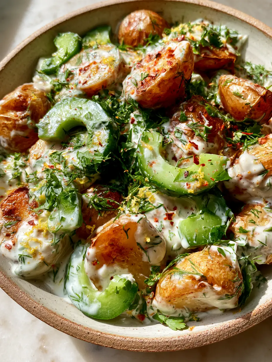 Healthy Potato Salad with Roasted Gold Potatoes & Greek Yogurt 3 Top-down view of roasted baby potatoes with charred skins tossed in a velvety white dressing. (healthy potato salad)