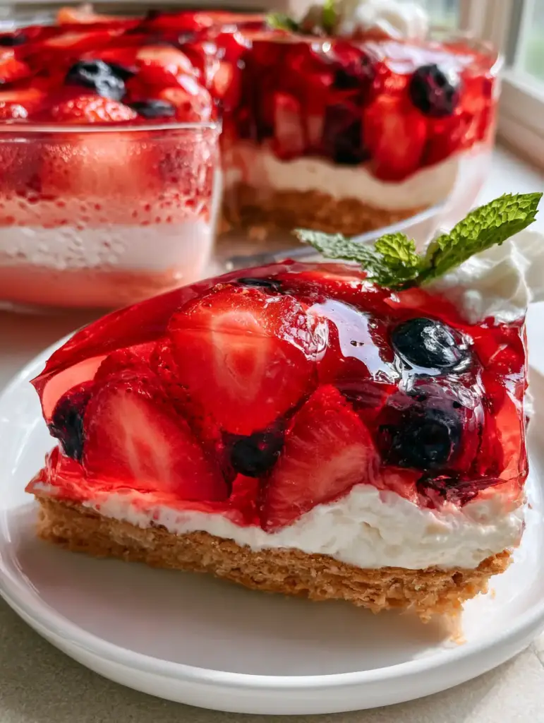 Internal cross-section of Summer berry jello lasagna in a clear glass dish with condensation droplets.