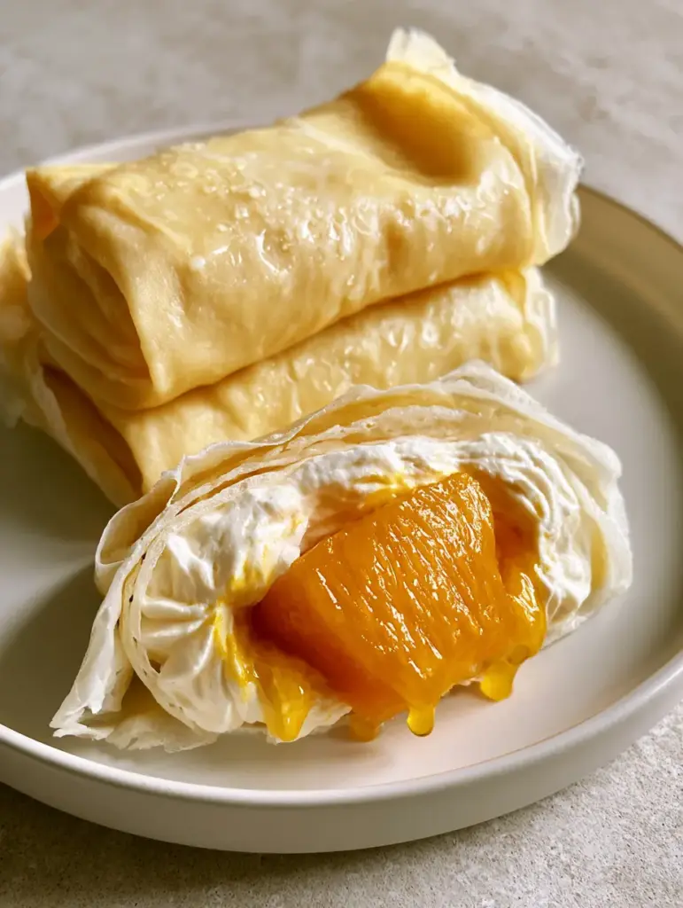 Close up of a Mango pancake pillow revealing a vibrant, dripping-wet cube of Ataulfo mango inside stiff whipped cream.